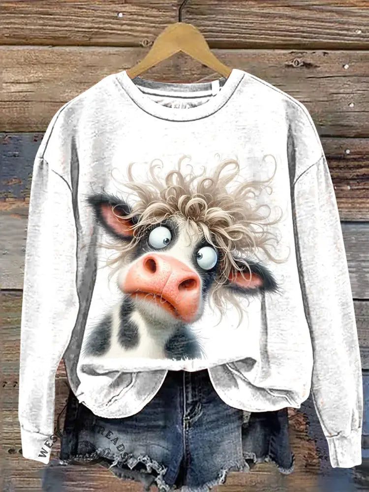 Vintage Cow Art Prints Casual Cotton Sweatshirt