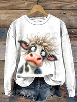 Vintage Cow Art Prints Casual Cotton Sweatshirt