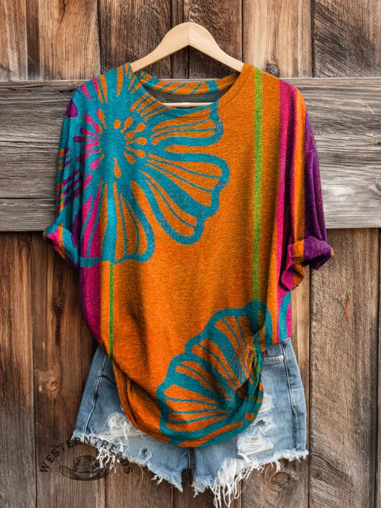 Vintage Flowers Art Print Long-sleeved Round Neck Top