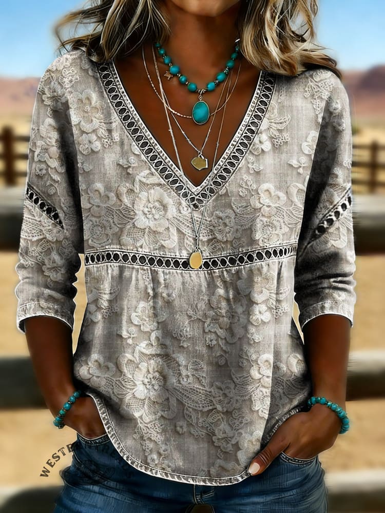 Women's Vintage Floral Print Casual V-neck 3/4 Sleeves Hollow Lace Denim Shirt