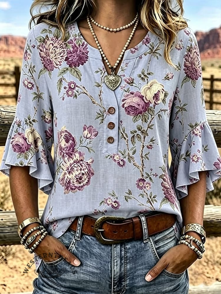 Women's Vintage Flower Ruffle Neck Cotton Top