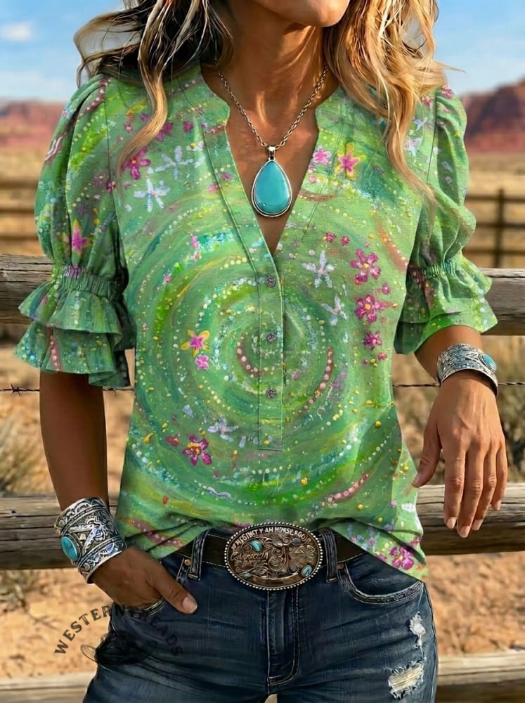 Women's Retro Floral Art Puff Sleeve Casual Shirt