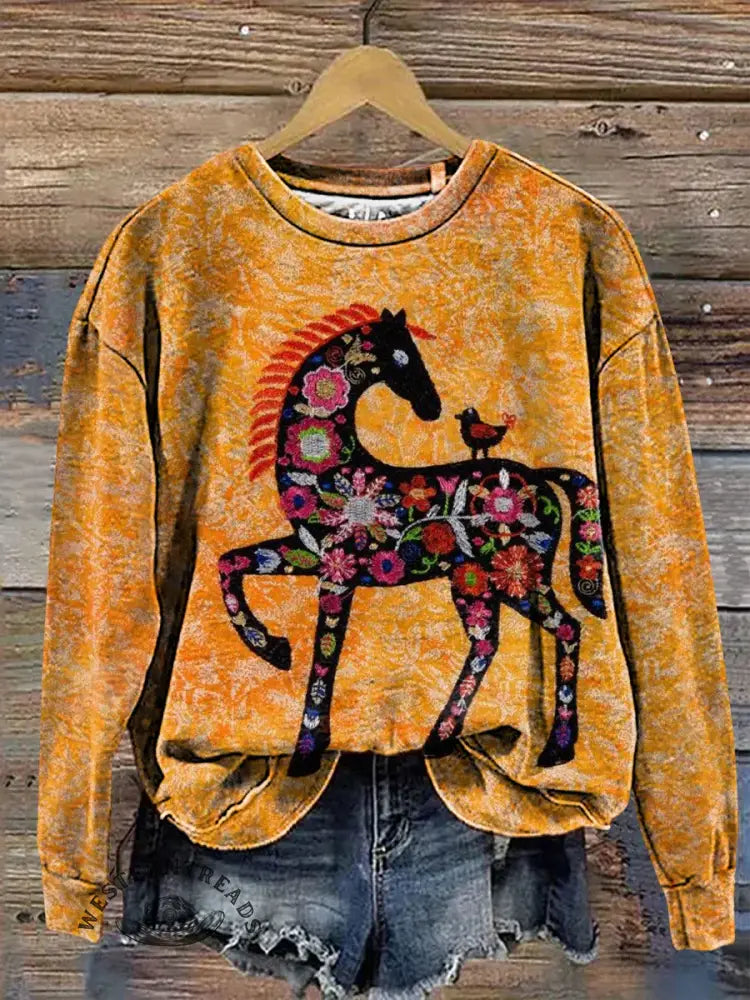 Floral Horse Art Casual Cotton Sweatshirt