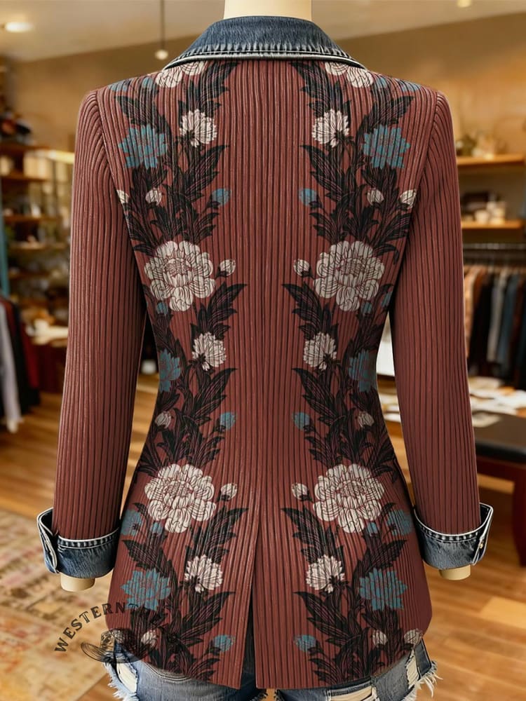 Floral Print Patchwork Denim Sweater