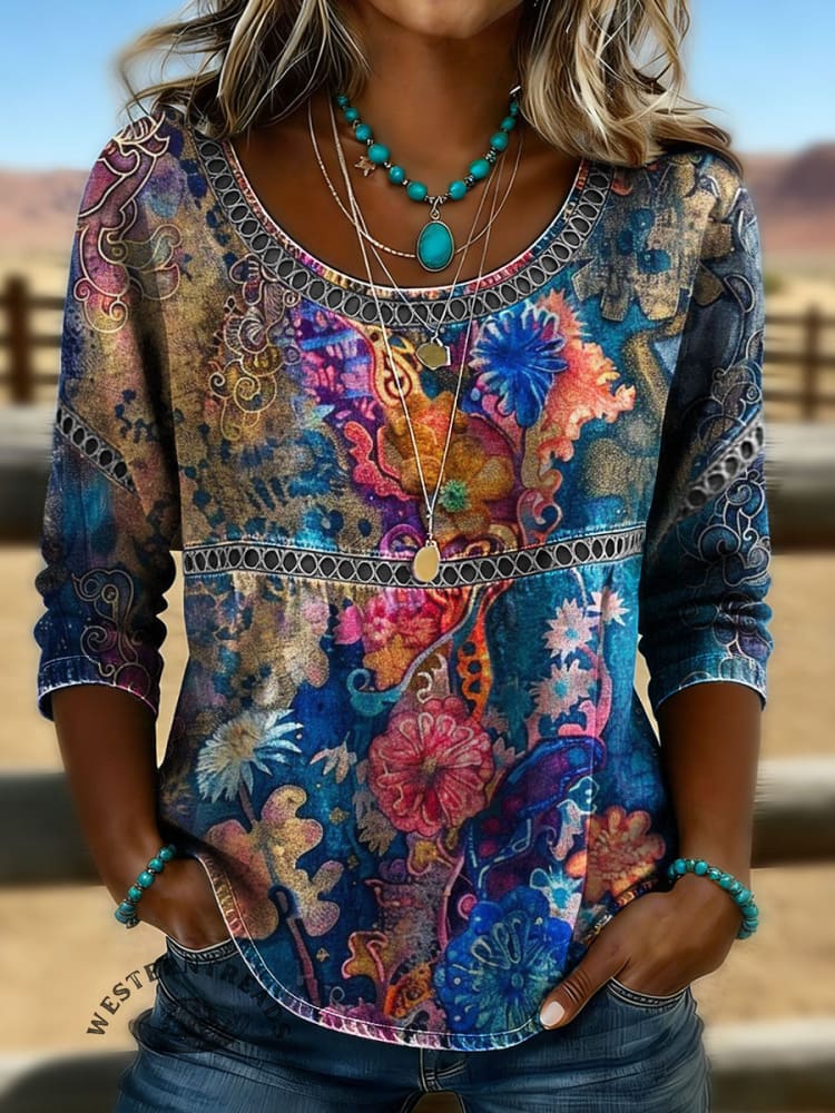 Vintage Floral Print Casual Short Sleeves Denim Shirt