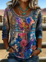 Vintage Floral Print Casual Short Sleeves Denim Shirt