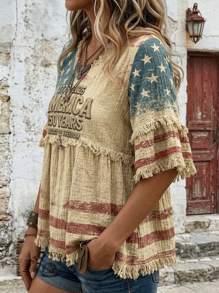 Vintage 250th Anniversary Fourth Of July Print Patchwork Shirt
