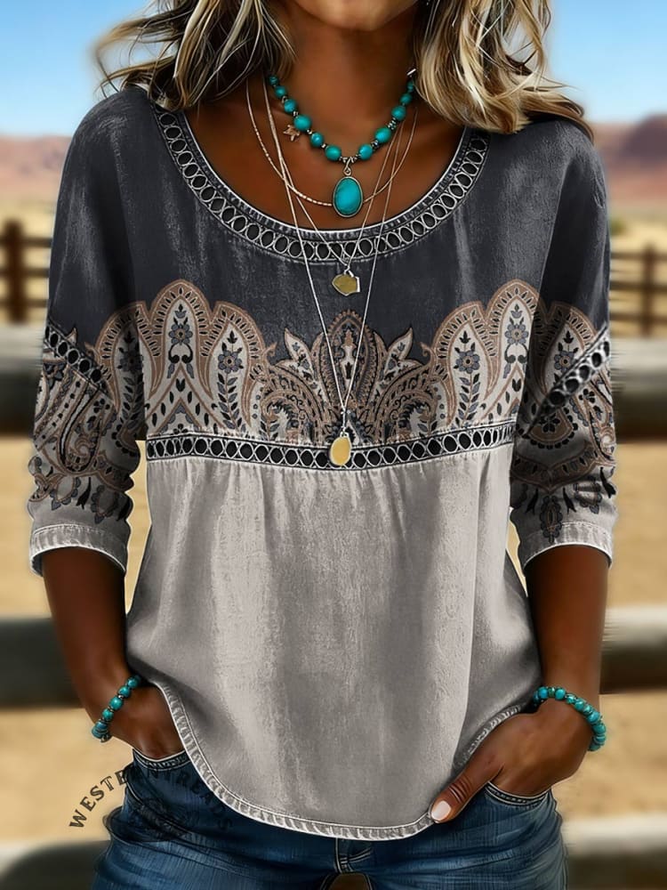 Women's Vintage Print Casual Hollow Denim Shirt