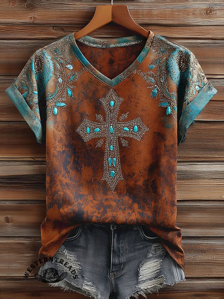 Vintage Western Cross Art Print Casual Short Sleeve T-shirt