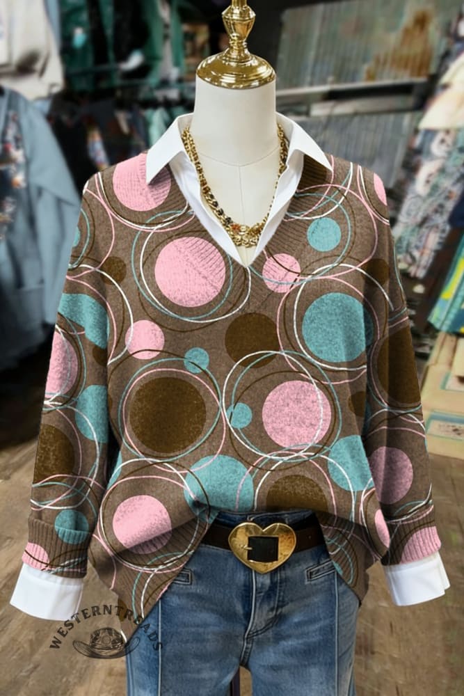 Women's Colorful Polka Dot Geometric Abstract Print Casual V-neck Pullover Knit Top