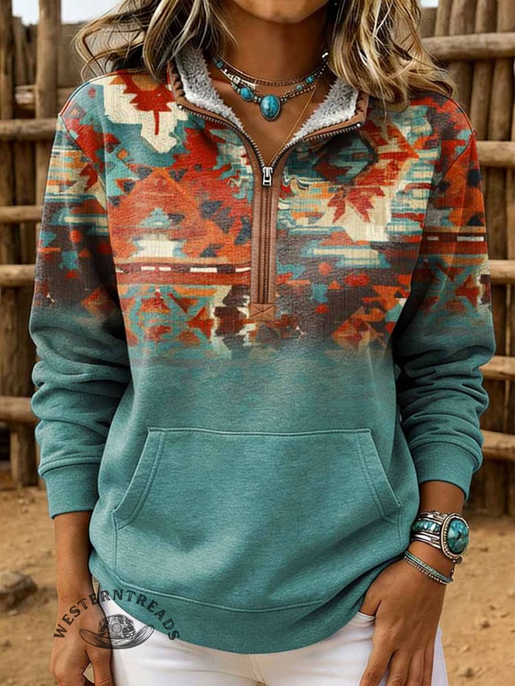 Retro Aztec Print Casual Half-zip Cotton Sweatshirt