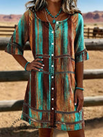 Vintage Print Casual Hollow-Out Denim Dress