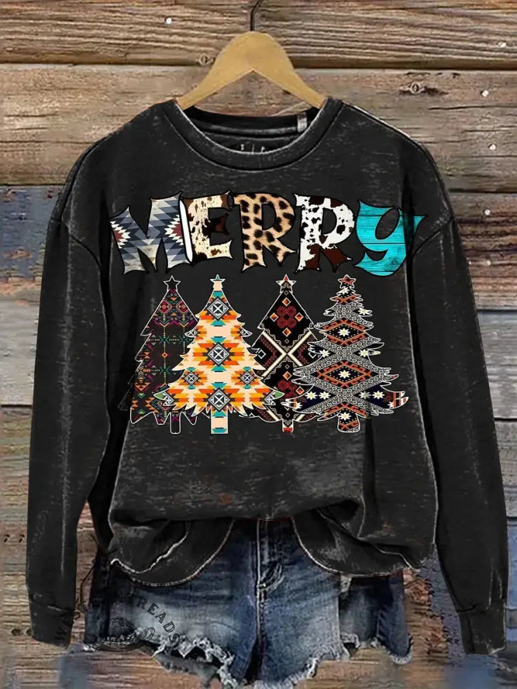 Retro Christmas Art Print Casual Cotton Sweatshirt