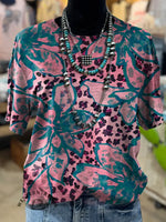 Retro Leopard Floral Art Print T-shirt