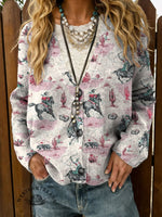 Western Horse Print Buttoned Cardigan Sweater