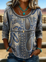 Women's Vintage Paisley Print Casual Hollow Denim Shirt