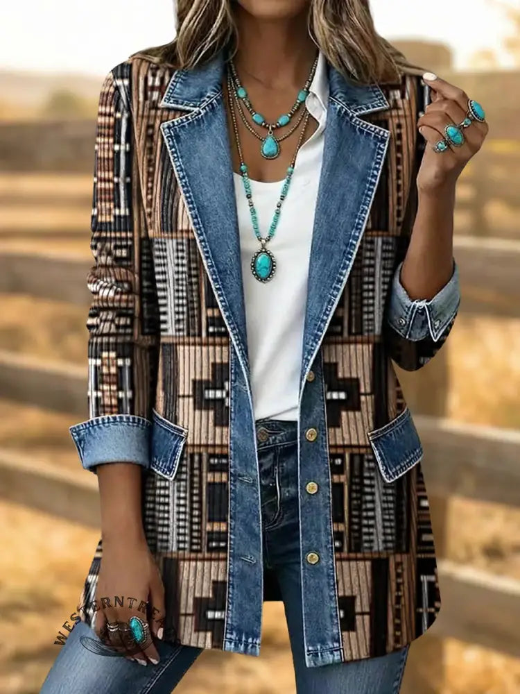 Retro Southwestern Art Print Patchwork Denim Sweater Cardigan Coat