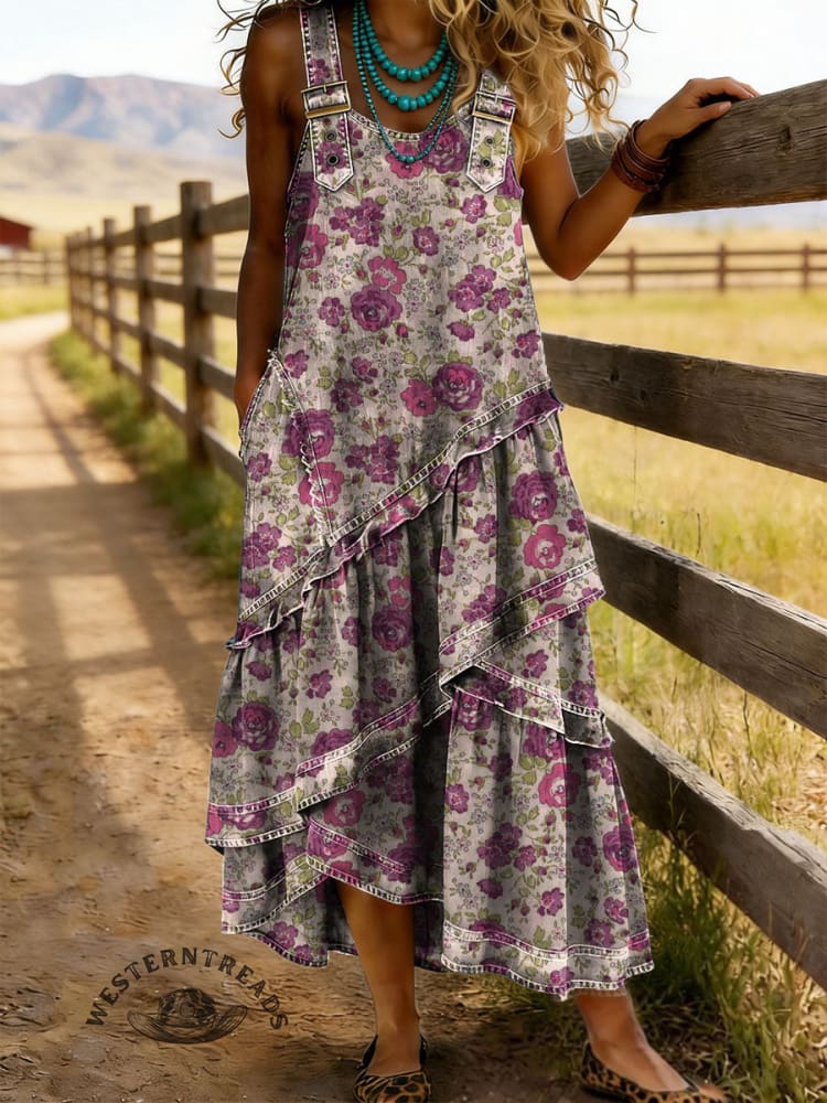 Retro Women's Floral Print Denim Patchwork Long Dress
