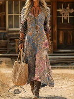 V-neck Retro Print Casual Loose Western Dress