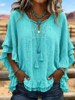 Vintage ArtPatchwork Hollow Design Cotton And Linen Shirt