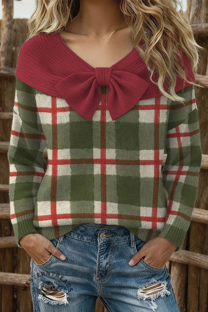 Women's Checkered Print Casual Cotton Sweater