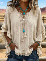 Vintage ArtPatchwork Hollow Design Cotton And Linen Shirt