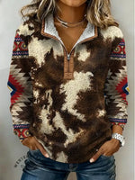 Aztec Cow Texture Pattern Print Casual Half-zip Cotton Patchwork Sweatshirt