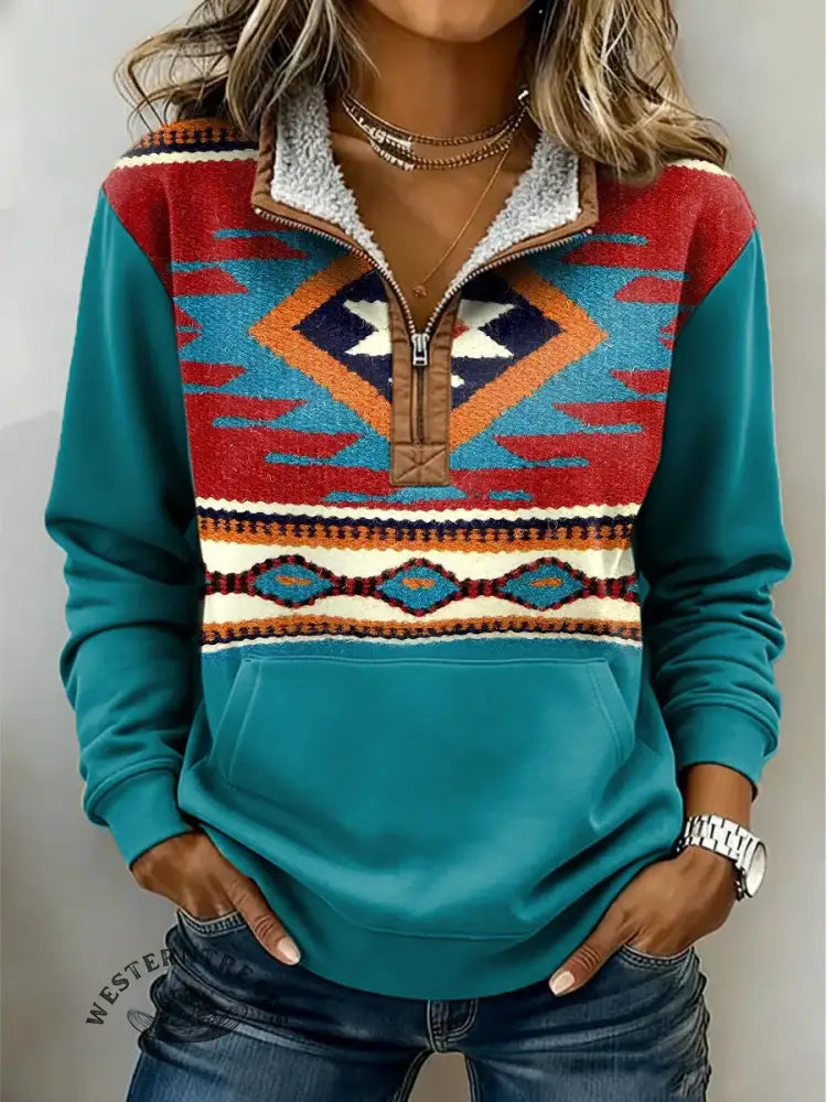 Vintage Aztec Art Print Casual Half-zip Cotton Sweatshirt