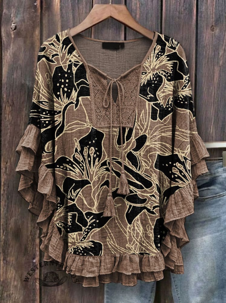 Vintage Floral Art Print Patchwork Hollow Design Cotton And Linen Shirt