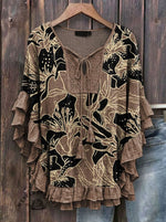 Vintage Floral Art Print Patchwork Hollow Design Cotton And Linen Shirt