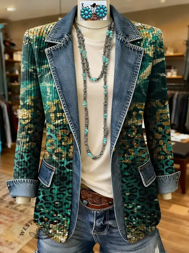 Leopard Art Print Patchwork Denim Sweater Cardigan Coat