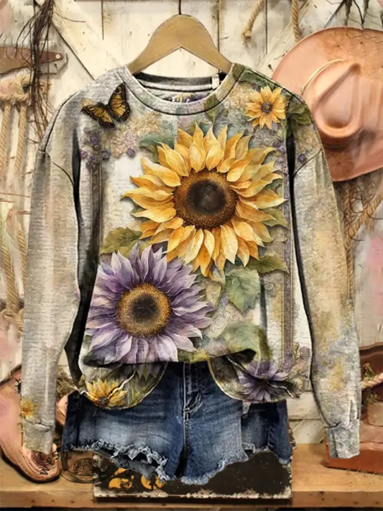 Vintage Flower Art Print Casual Cotton Sweatshirt
