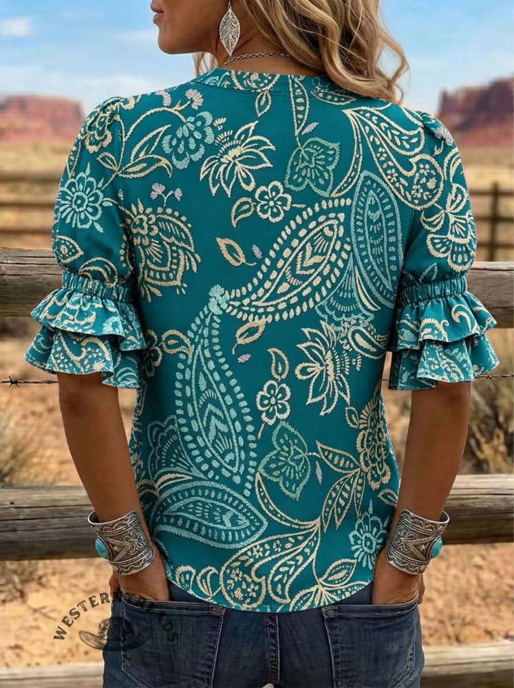 Women's Paisley Print Puff Sleeve Casual Shirt