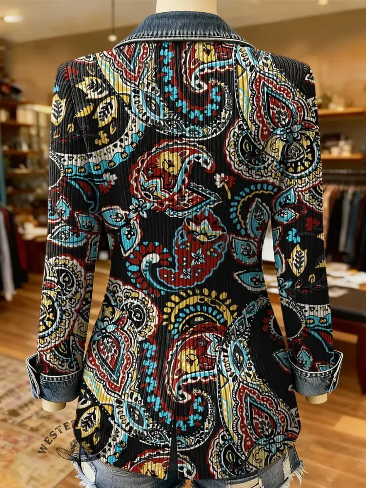 Retro Boho Flower Art Print Patchwork Denim Sweater Cardigan Coat