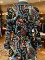 Retro Boho Flower Art Print Patchwork Denim Sweater Cardigan Coat