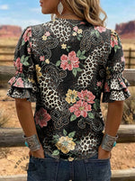 Women's Floral Cow Print Puff Sleeve Casual Shirt