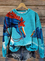 Retro Horse Art Casual Cotton Sweatshirt