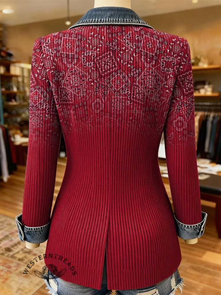 Paisley Print Patchwork Denim Sweater