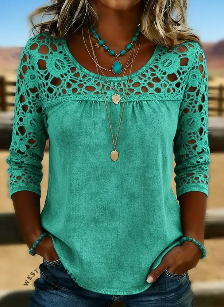 Women's Solid Color Casual Loose Lace Denim Shirt