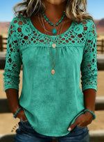 Women's Solid Color Casual Loose Lace Denim Shirt