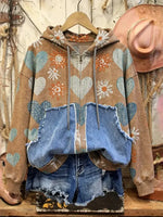 Retro Print Casual Cotton Patchwork Hooded Zip-up Sweatshirt