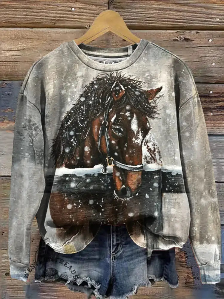 Winter Horse Art Print Casual Sweatshirt