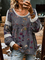 Women's Retro Floral Print Casual Lace Patchwork Shirt