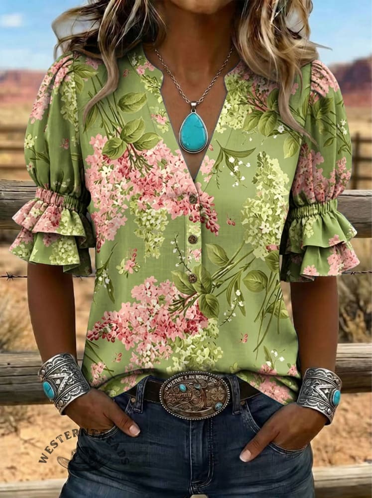 Women's Floral Print Puff Sleeve Casual Shirt