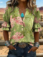 Women's Floral Print Puff Sleeve Casual Shirt