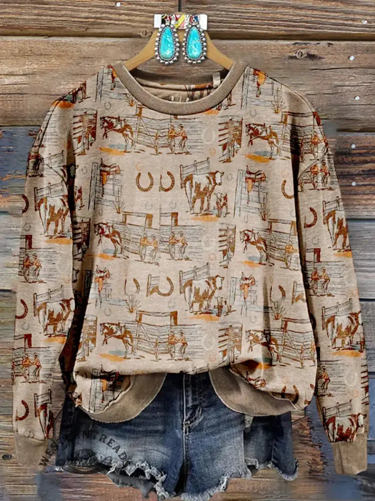 Vintage Contrasting Western Prints Sweatshirt