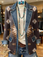 Aztec Print Patchwork Denim Sweater