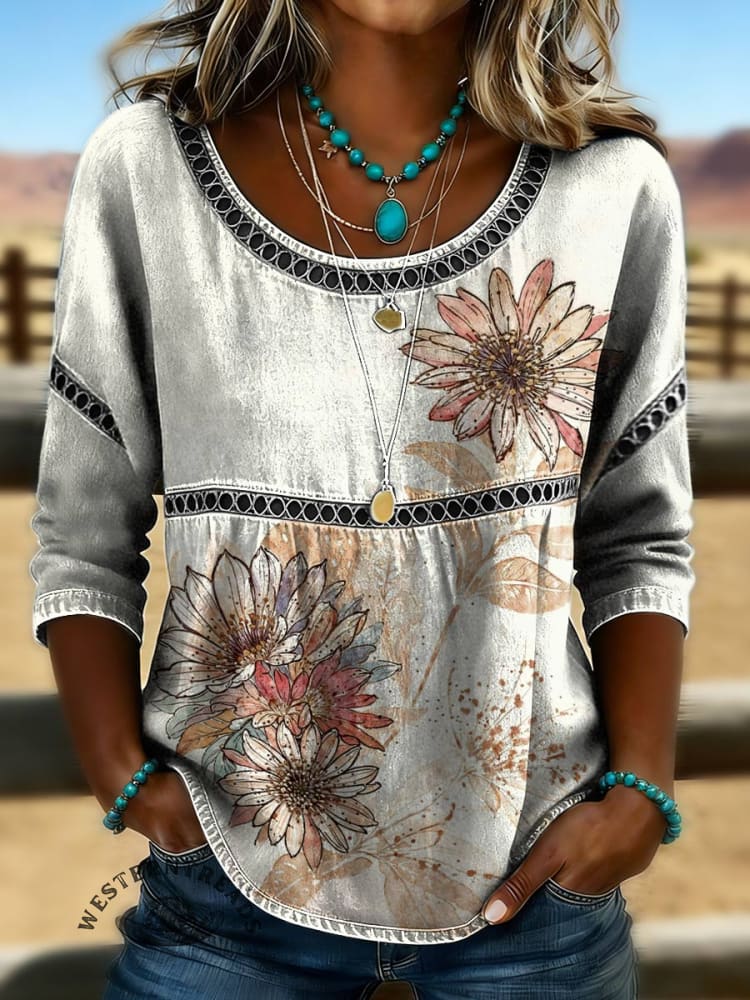 Women's Floral Print Casual Hollow Denim Shirt