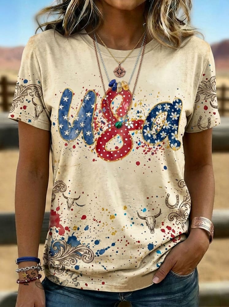 Vintage USA Art Print Casual Short Sleeve T-shirt