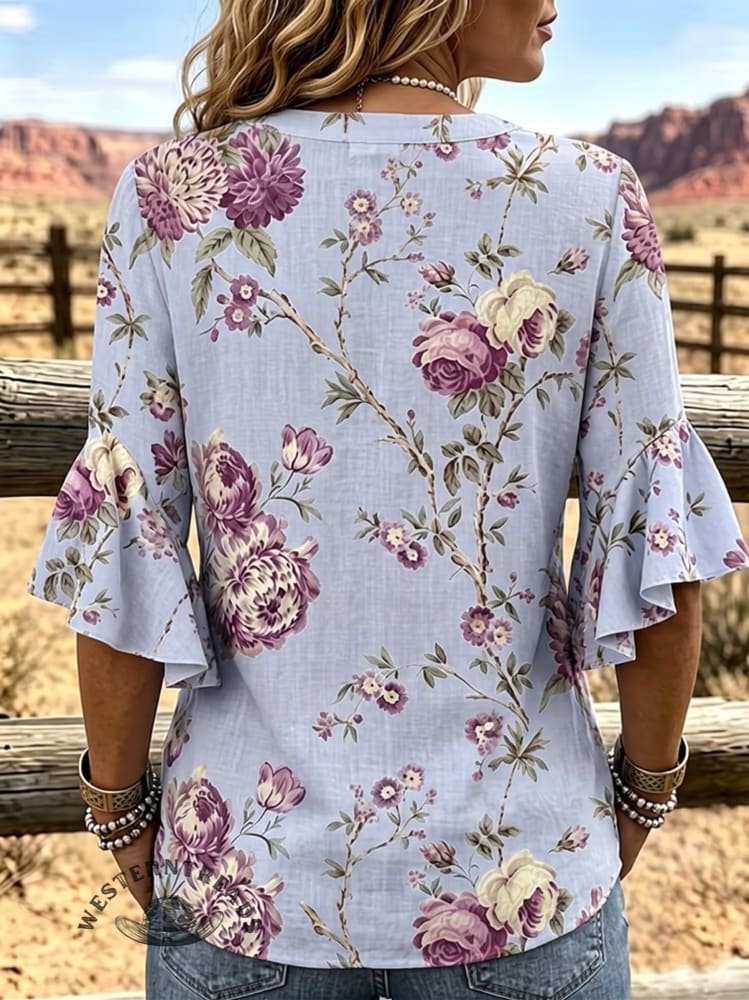 Women's Vintage Flower Ruffle Neck Cotton Top